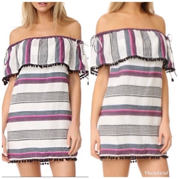 Saylor Angie Off-Shoulder Mini Dress size M/ Large pompom striped beach vacation - Picture 1 of 9